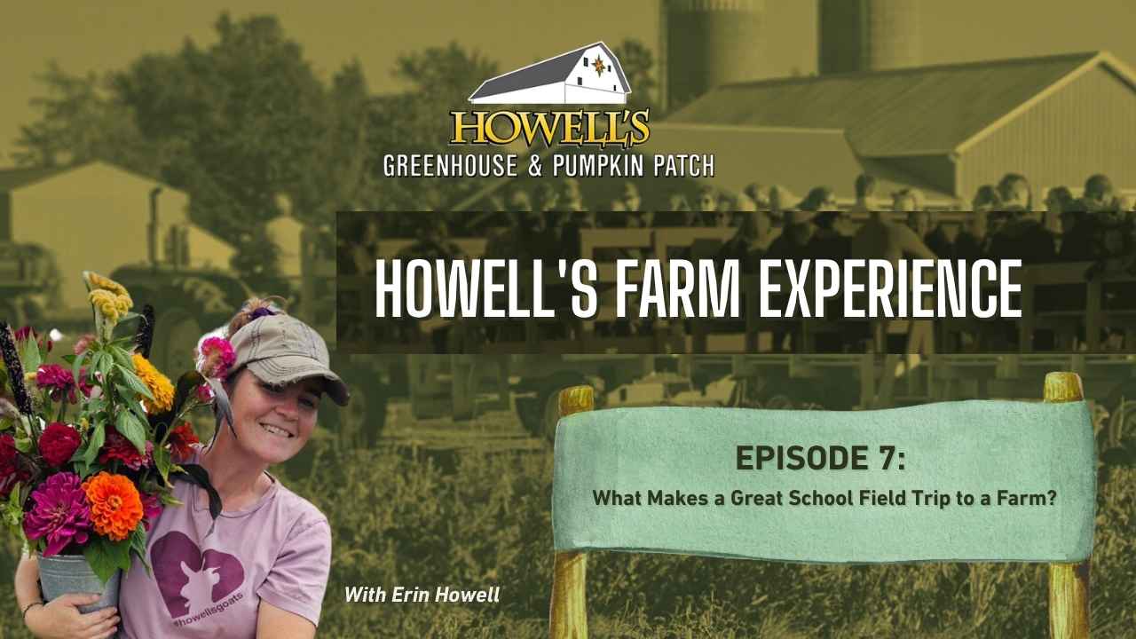 Howell's Farm Experience podcast Episode 7 thumbnail featuring Erin Conner holding fresh flowers with the Howell's Greenhouse & Pumpkin Patch barn in the background